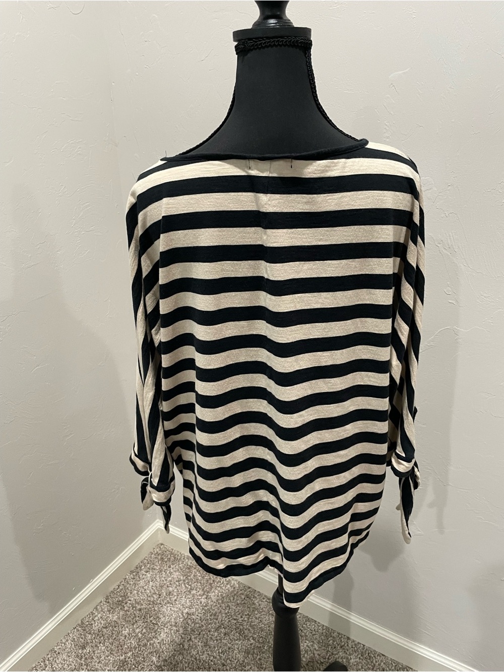 Chaps Black and Cream Striped Boatneck 3/4 Sleeve Top - Picture 5 of 8
